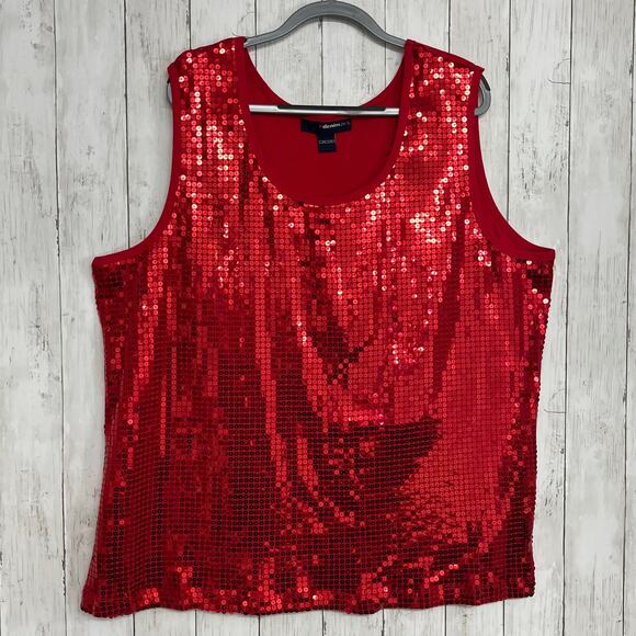 Denim 24/7 Red Sequin Sparkle Sleeveless Holiday Christmas Party Plus Shirt 4X - Picture 1 of 9